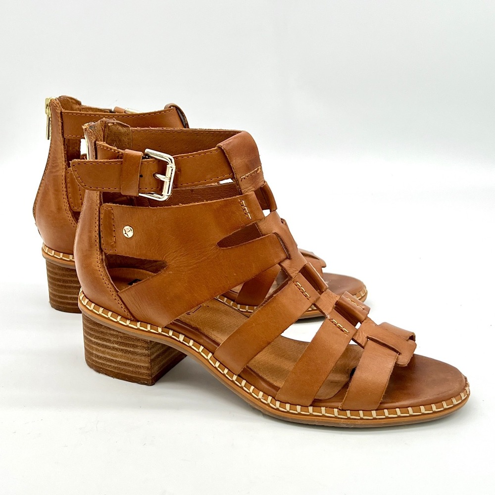 PIKOLINOS Blanes Womens 8-8.5/39 Cage Block Heeled Sandal w Zip Brandy $205